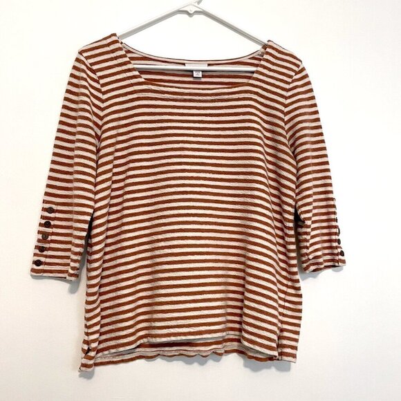 J. JILL Striped Square Neck Top Brown Cream ish 3/4 Sleeve 100% Cotton PETITE M - Picture 2 of 14